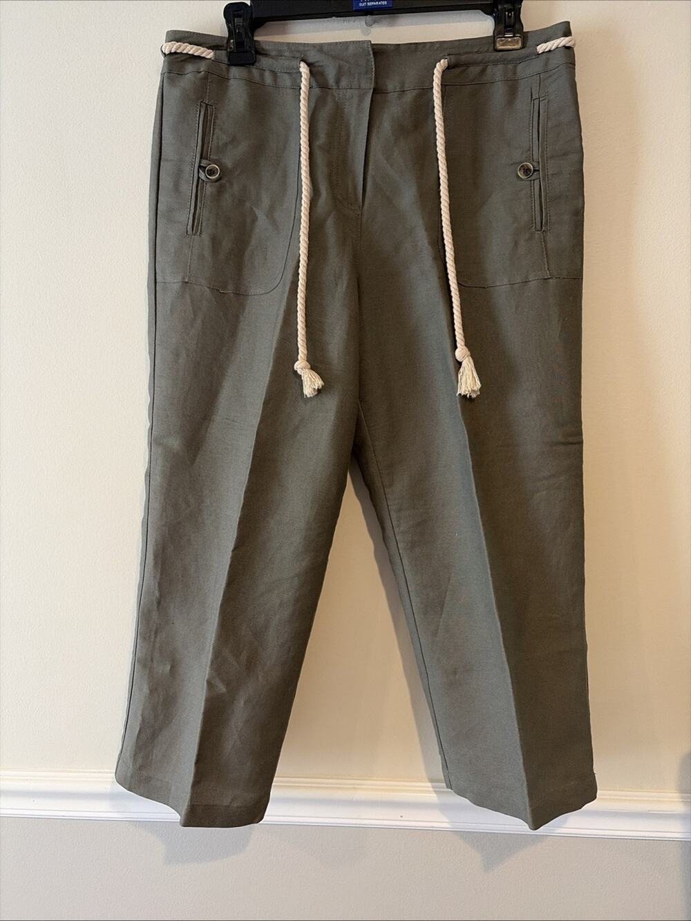 SANDRO capri 10 Sage Green Linen Blend Wide Leg Capri Rope Drawstring Boho